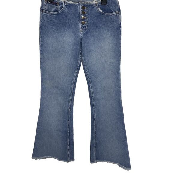 Vintage LEI Flare Denim Jeans Low Rise Raw Hem Exposed Button Fly Womens 10 Blue - Picture 1 of 8